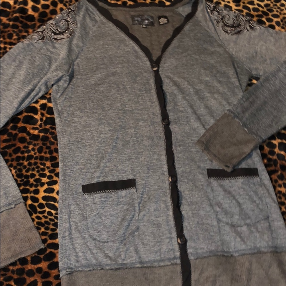 Miss Me Gray Large Cardigan Large Rhinestones